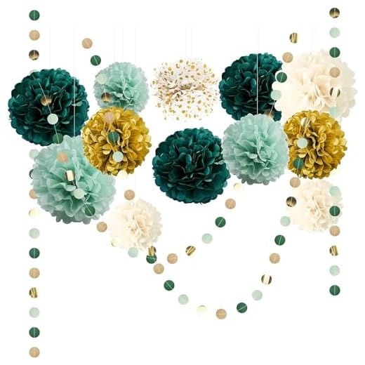 TOOSOAR 15 Pcs Decoracion Fiesta,Pompones de Papel Verde Bosque y Guirnalda de Gapel de Lunares,para Bodas,Cumpleaños Fiestas Decoraciones Baby Shower Nupcial