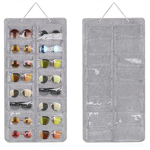HNBTX Hanging Sunglasses Organiser Wall Sunglasses Organizer Sunglasses Holder with 16 Clear Pockets Felt Wall Hanging Eyeglasses Eyewear Holder for Glasses Storage and Display (Grey)