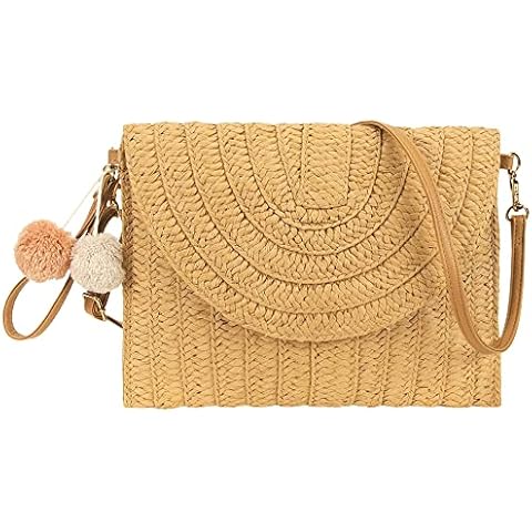 Straw Shoulder Bag Straw Clutch Women Hand-woven PomPom Straw Crossbody Bag Summer Beach Envelope Purse Wallet (Light Brown) Cover