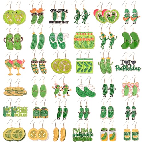 Nosiny 36 Pairs Funny Pickle Earrings Bulk for Women Cute Weird Dangle Drop Earrings Jewelry Sets Halloween Accessories Gifts