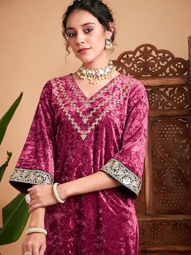 Image of Women Velvet Embroidered Straight Kurta