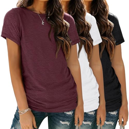 Consejos para Comprar Camisetas para Mujer , tabla con los diez mejores. 46 VIOPY Playeras Manga Corta Mujer 3 Piezas Camisetas para Mujeres Basicos Color Sólido Top Suave Casual Blusas Cuello Redondo (Rojo, X-G)