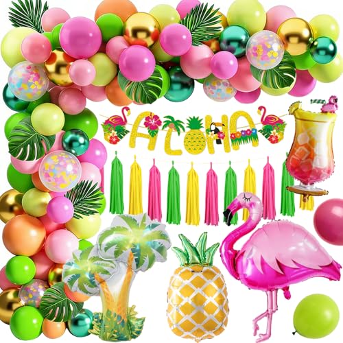Kit Décoration Tropicale Hawaïenne,Arche Ballon Tropical Rose Vert Or, Guirlande Aloha, Ballons Flamant Rose Ananas Palmier, Décoration Luau Hawaien...