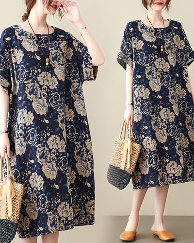 Image of LUZU JUNU Women's Summer Baggy Plus Size Loose Cotton Linen Long Boho Beach Dress with Pockets