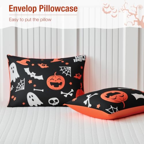Image of Lekesky Halloween Black Duvet Cover King Size, Pumpkin and Ghost | Zipper Closure, 8 Interior Ties, Ultra Soft Microfiber Breathable, Machine Washable, 104 inch X 90 inch,with 2 Pillowceses 20 inch X 36 inch