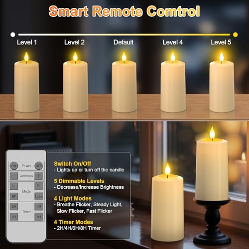 Image of Yme Rechargeable Flameless Pillar Candles with Remote, Blow Out Function | USB-C Charging,LED Battery Operated Canldes Flickering with Timer, for Home Party Holiday Decor, 4 Pack, 290Hrs Lasting