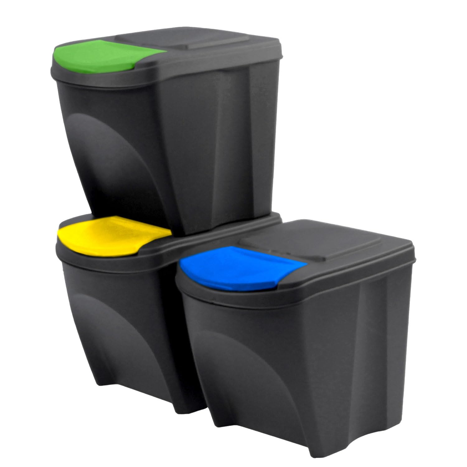 Set di 3 Bidoni Cestini SortiBox | per Raccolta Differenziata Ricilcaggio | Impilabili | in Plastica | 75 Litri (3x25L) | Neri | per Casa interni
