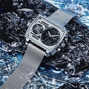 FEICE Mens Square Qaurtz Watches-Big Face Two Time Zone, Waterproof Chronograph, Alarm, Date, Stainless Steel Band Digital Analog Watch for Men