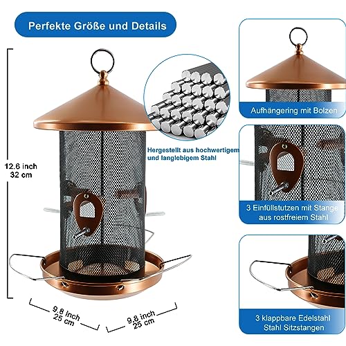 Yeomoo Groß Vogelfutterhäuschen für Wildvogel Garten Draußen - mit 32CM Metall Mesh Screen Vogelfutterhaus für Vogelfutter Vogelfutterstation zum Aufhängen Geschenke für Garten Terrasse Deko Kupfer – Bild 4