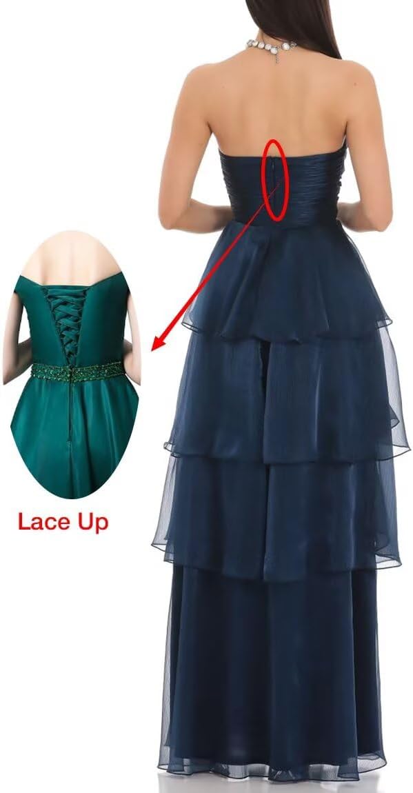 Strapless Tulle Prom Dress for Women Pleated Long Tiered Ruffle Sleeveless A Line Ruched Formal Evening Ball Gown