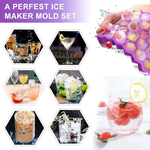 Image of AIG Silicone Ice Cube Trays with Lids - 1 Pack Easy-Release Hexagon Ice Maker for Freezer, Reusable Food-Grade Ice Molds for Cocktail Bar, Whiskey, Iced Coffee & Home Kitchen (Purple)