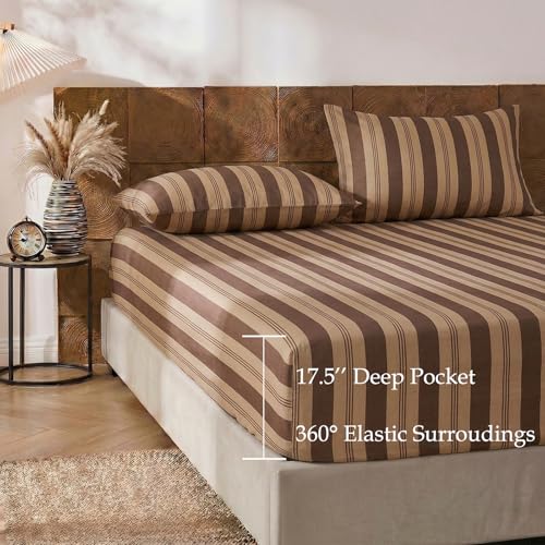 Image of Merryword 100% Cotton Sheet Set Queen Size - Brown Striped Bedding, Soft Breathable Percale Weave, Deep Pocket Fitted Sheet 17.5 inch, Luxury & Silky Soft Sheet Set for All Seasons