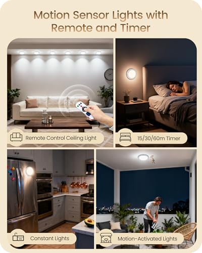 Image of 2 Pack Rechargeable Motion Sensor Closet Light with Remote, Wireless Ceiling Light, Battery Operated LED Ceiling Light, 3CCT, Dimmable Ceiling Light for Shower Stairs Garage Pantry Hallway