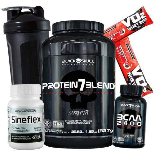 Combo Basico para Emagrecer e Massa Magra Whey Protein 7 Blend 837g Sineflex 150cps Bcaa 2400 100cps
