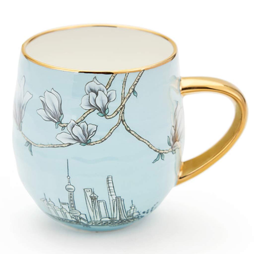 Tazas de café Originales Taza,Magnolia Milk Cup Copa Desayuno, Oficina De La Taza del Agua del Hogar Taza De Cerámica, Regalo De Cumpleaños Práctico (Color : Blue A, Size : 500ml)