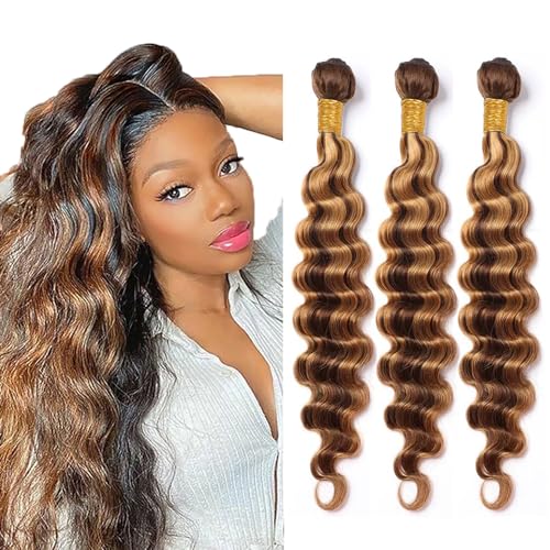 Biliisyff P4/27 Ombre Deep Wave Human Hair Highlight Honey Blonde Deep Curly Weave Bundles Brazilian Human Hair Weave Extensions Two Tone Blonde Mixed With Brown Deep Curly Bundles 22 24 26 Inch