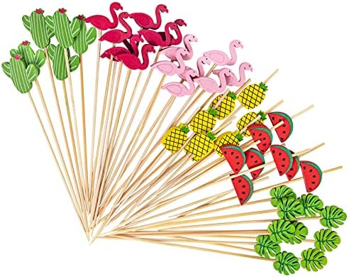 Cocktail Picks, Acerich 200 Pack Bamboo Sticks for Flamingo Party Decorations, Food Picks Toothpicks with Flamingo Pineapple Shapes Cocktail Picks for Drinks Luau Party Decorations