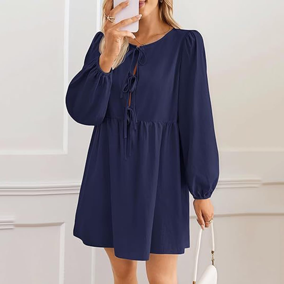 Mini Abito da Donna con Peplo e Fiocco a Maniche,Abiti Autunnali da Donna,Abito Corto con Volant a Trapezio, Grazioso Abito Tunica svolazzante, Grazioso Mini Abito Tunica (XXL,Navy)