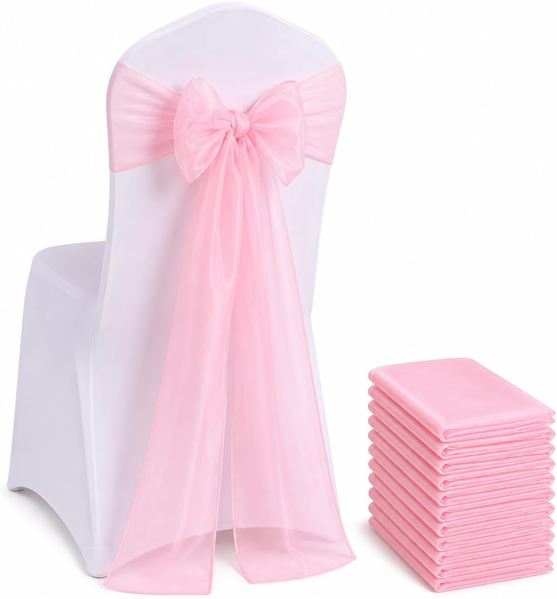 Organza Chair Bow Sash Décor Bows Sashes for Wedding Reception Events Banquets Decoration - (Pack of 25, Baby Pink)