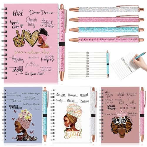 Resurhang 8 Sets 4 Sets Black Women Notebooks Inspirational African American Spiral Journal with Glitter Ballpoint Pen Motivational Notepads Gifts for Black Women Girls Teachers Students