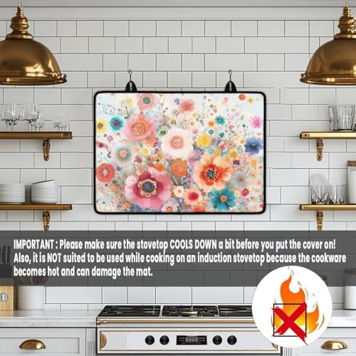 Image of Vintage Flower Extra Large Stove Top Cover for Electric, Ceramic Glass Electric Stove Top Cover, Range Protector for Gas Burners, Dish Drying Mat for Kitchen, Washable(30 inchx21 inch)