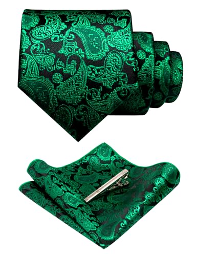 Image of JEMYGINS Mens Solid Color Paisley Necktie and Pocket Square with Tie Clip Sets