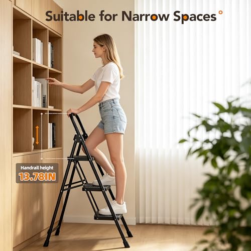 Image of HBTower 3 Step Ladder, Heavy Duty Step Stools for Adults, Safe-Lock Design & Handrail, Step Stool Foldable with Anti-Slip Pedal and Feet, Ladders for Home Kitchen Garage Outdoor, 330 Lbs, Black