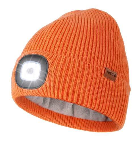 YunTuo Fleece Lined Hat with Light, USB Rechargeable LED Beanie Winter Warm Knit Stocking Cap, Gifts for Men Women Orange