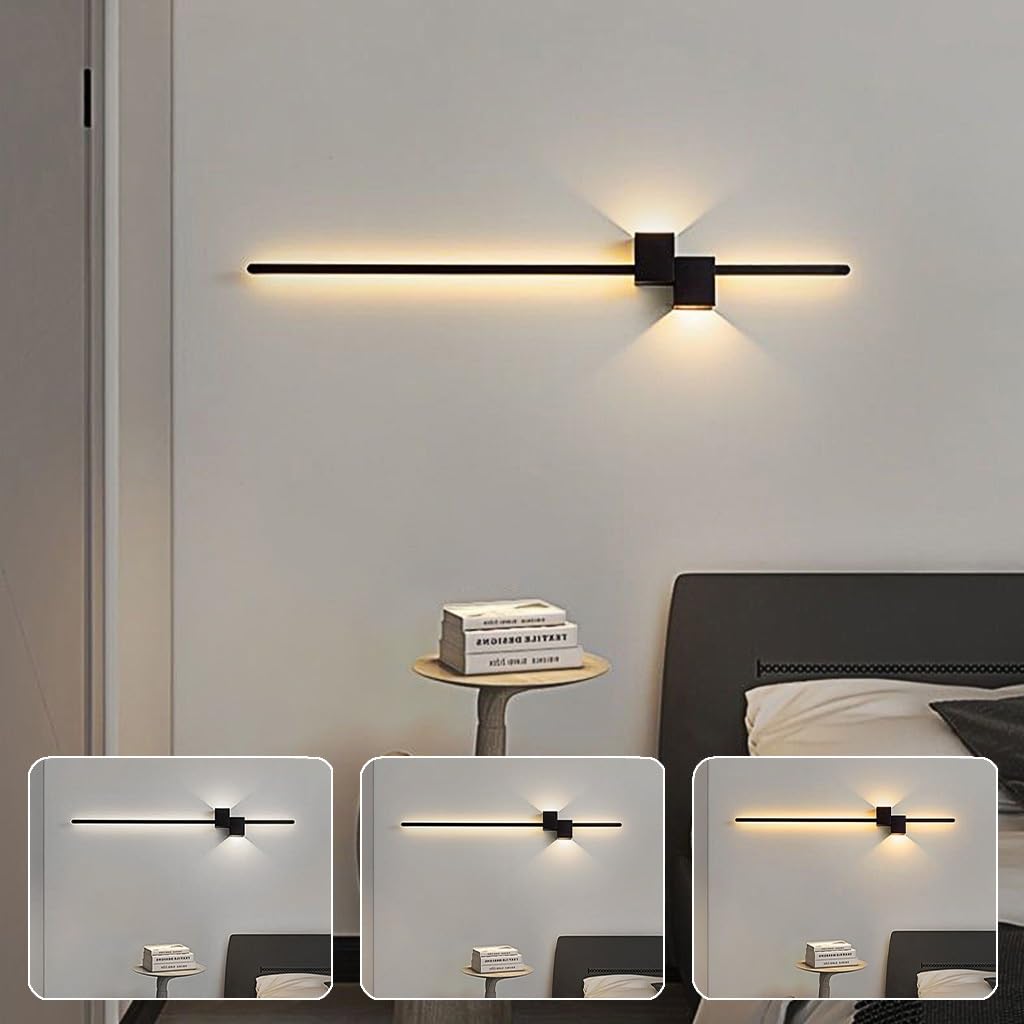 LED Wandleuchte Innen Modern Wandlampe Kreative Einfach Lange Wandleuchte Lange Wandleuchten Stufenlos Dimmbar Für Schlafzimmer Wohnzimmer Flur Treppenhaus (Color : Schwarz, Größe : 120cm)