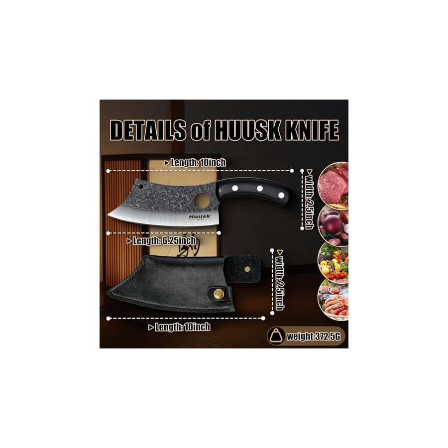 Huusk-Knives-Japan-Hand-Forged-Meat-Cleaver-Knife-with-Sheath-High-Carbon-Steel-Kitchen-Knife-for-Meat-and-Vegetables-Full-Tang-Butcher-Knife-for-Camping-BBQ-Gift-for-Men-Women Huusk Knives Japan, Hand Forged Meat Cleaver Knife with Sheath, High Carbon Steel Kitchen Knife for Meat and Vegetables, Full Tang Butcher Knife for Camping, BBQ, Gift for Men Women