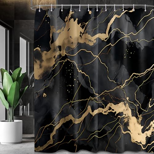 Lvetong Marble Black and Gold Shower Curtain, Modren Abstract Shower Curtains for Bathroom Decor Crack Mens Bath Curtain Set, Waterproof Fabric with Hooks
