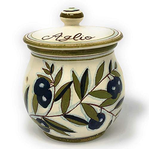 CERAMICHE D'ARTE PARRINI- Italian Ceramic Garlic Brings Jar Holder Hand Painted Made in ITALY Decorated Olives Country Tuscan Art Pottery