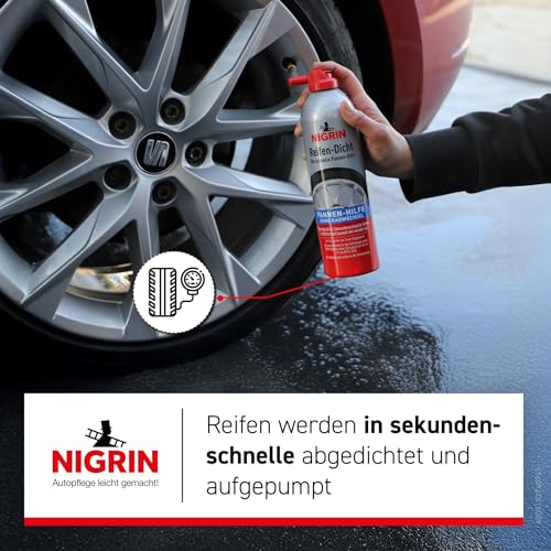 NIGRIN Reifendicht, 500 ml, sofortige Pannenhilfe, Reifendichtmittel repariert Löcher im Reifen im Handumdrehen ohne Montage, Rot,Weiß