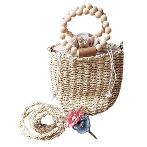 Bolsa Saco Bucket Palha Forrada Alça Destacável Fechamento Amarrar + Prendedor Cabelo Chique (Bege Claro)