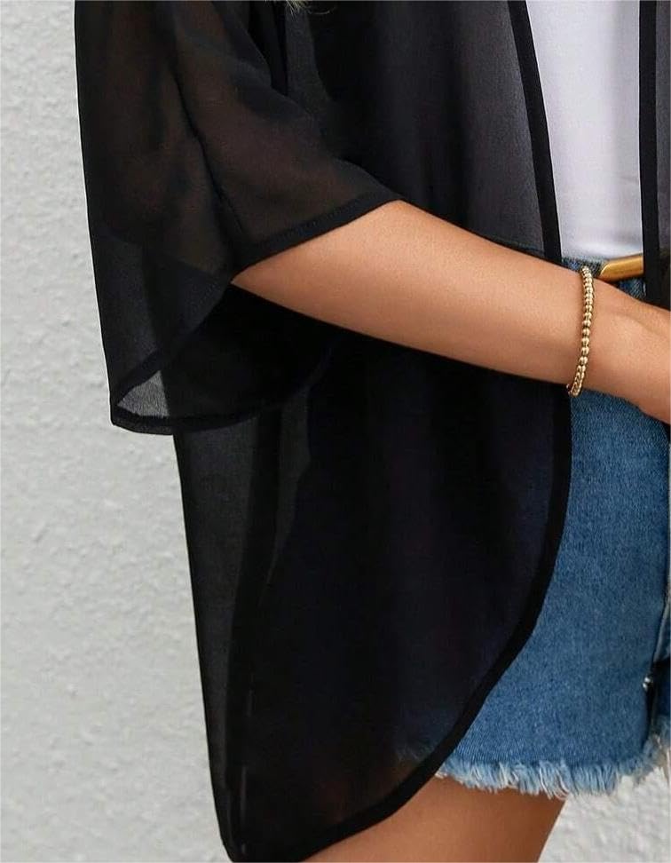 Image of Womens Kimonos Chiffon Cardigan Sheer Beach Cover Up for Women, 3 /4 Sleeve Tops Summer Vacation Outfits for Women