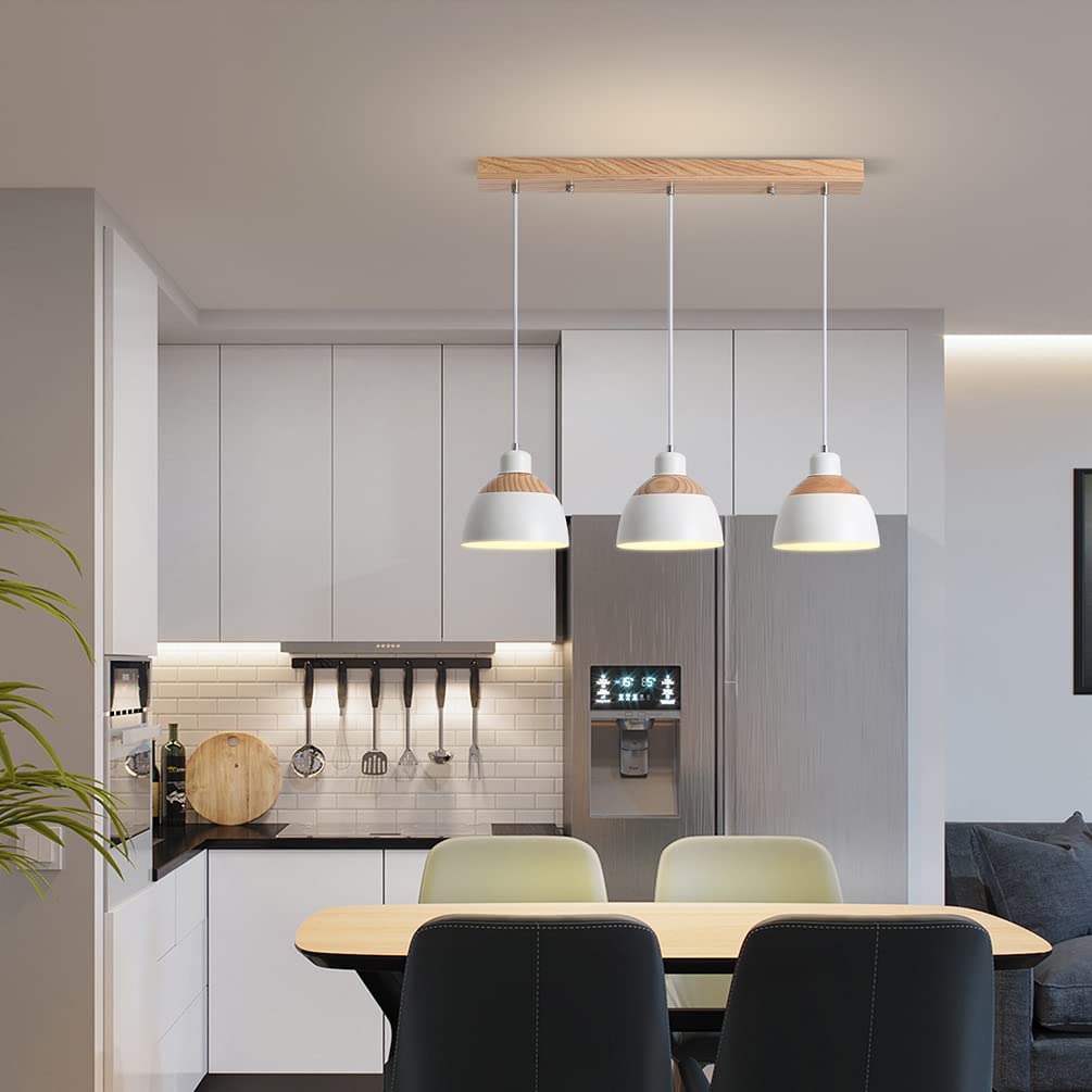 Retro Holz Hängeleuchte 3-Flammig Esstischlampe Weiß Metall Pendelleuchte Industrie Höhenverstellbar Hängelampe für Esszimmer Küche Cafe Theke Innen Büro Pendellampe,E27