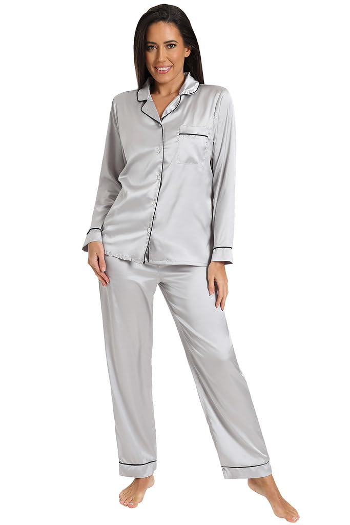 Thepyjamafactory Women's Silver Satin Long Pyjama Set Summer Two Piece Pyjamas For Silk Pjs (16-18)