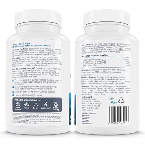 Omvits Vegan Omega 3 DHA & EPA from Algae Oil 1000mg - 60 Softgel Capsules with Vitamins C and E - Sustainable Algae Oil Omega 3 to Fish Oil - Vegetarian Fatty Acids - Supports Heart, Brain & Eyes - Image 6