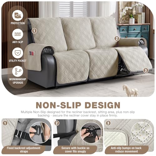 Image of TAOCOCO 100% Waterproof Recliner Sofa Covers 3 Seater Split Couch Covers for 3 Cushion Reclining Couch with Straps, Non Slip Reclining Couch Covers Furniture Protector for Kids Pets(3 Seater, Cream)