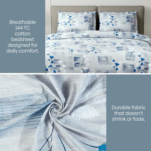 Image of Haus & Kinder King Size Bedsheet for Double Bed with 2 Pillow Covers 108 x 108 Inches | 144 TC Cotton Bedsheet for King Size Bed - Blue Flower Sketch