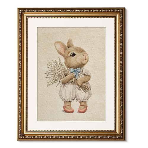 Image of ARPEOTCY Gold Framed Canvas Wall Art, Baby Rabbit Animal Art Prints, Cute Bunny Decor for Kids Girls Room Nursery Playroom, Easter Gift for New Mom, 13x16 Inch