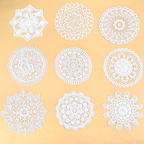Lot de 9 napperons ronds en dentelle blanche pour tables de 15,2 cm au crochet fait à la main - Motif floral vintage - Rond - Pour cuisine, salle à manger,...