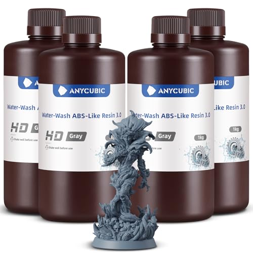ANYCUBIC Wasser Waschbares ABS-Like Resin 3.0, 3D Drucker Resin mit Hohe Festigkeit und Zähigkeit, Geruchsarm, Hochpräzises 405nm UV-härtendes Harz für alle Harz 3D Drucker, HD Grau 1000g HD