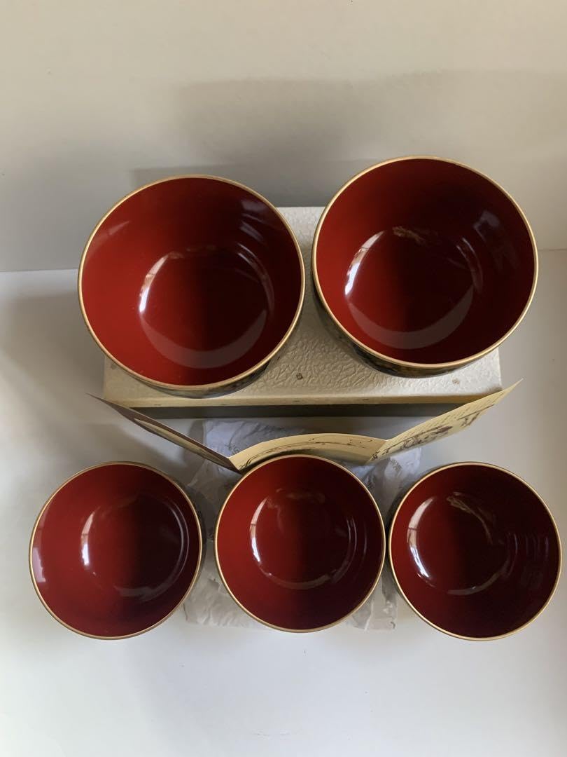 高級山中塗、北斎、吸物椀揃、金桜柄、蓋付き、5客セット 高級山中塗