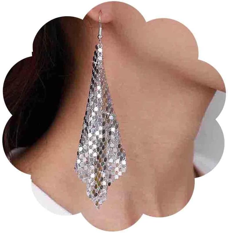 Vintage Metal Mesh Earrings Grid Sequins Dangle Earrings Long Tassel Sequins Drop Earrings Lightweight Mesh Hook Earrings Jewelry for Women (Gold)