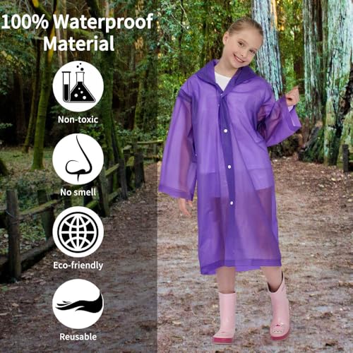 Opret 2 Stück Regenponcho Kinder, Wiederverwendbar Wasserdicht Regencape Kinder mit Kapuze und Ärmeln, Eva Atmungsaktiv Regenschutz Regenmantel Kinder für Mädchen Jungen Wandern Camping Reisen