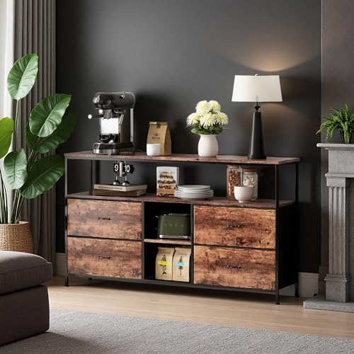 Meuble TV, LED Meuble Tele Haut, Meuble TV avec Rangement, Etagères Réglables, 4 tiroirs en Tissu, Intégrez Solutions Rangement Optimisez Visionnage...
