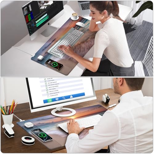 Image of Wireless Charging Mouse Pad, 31.5 inchx15.8 inch in, Beach Sunset | Anti-Fray Stitched Edges, Waterproof Premium Textured Surface, Non-Slip Rubber Base, with 20W PD Adapter