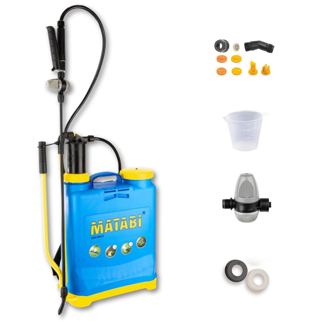 Matabi - Pulverizador a Presión Manual - Sulfatadora 12L - Lanza de Fibra y Boquilla Resistente - Fumigadora con Regulador de Presión - Correas Acolchadas - Super Green 12 - Fabricado en España