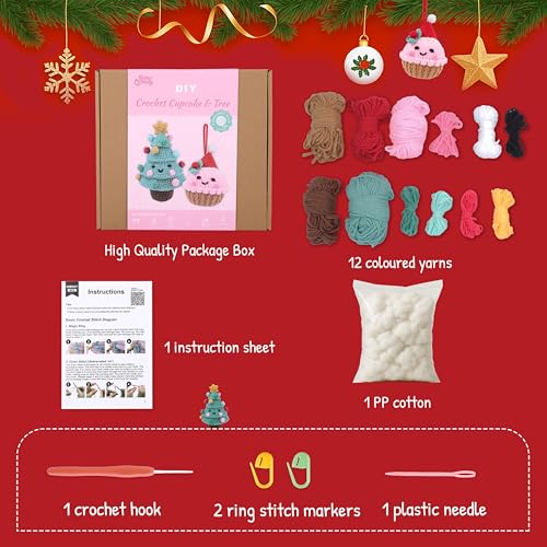 Image of HOUSE CREATIVITY Crochet Kit for Beginners - Make a Christmas Tree & Cupcake, Amigurumi Crochet Starter Kit with Video Tutorial, Yarn & Hook, DIY Holiday Ornament & Cute Desk Decor Gift